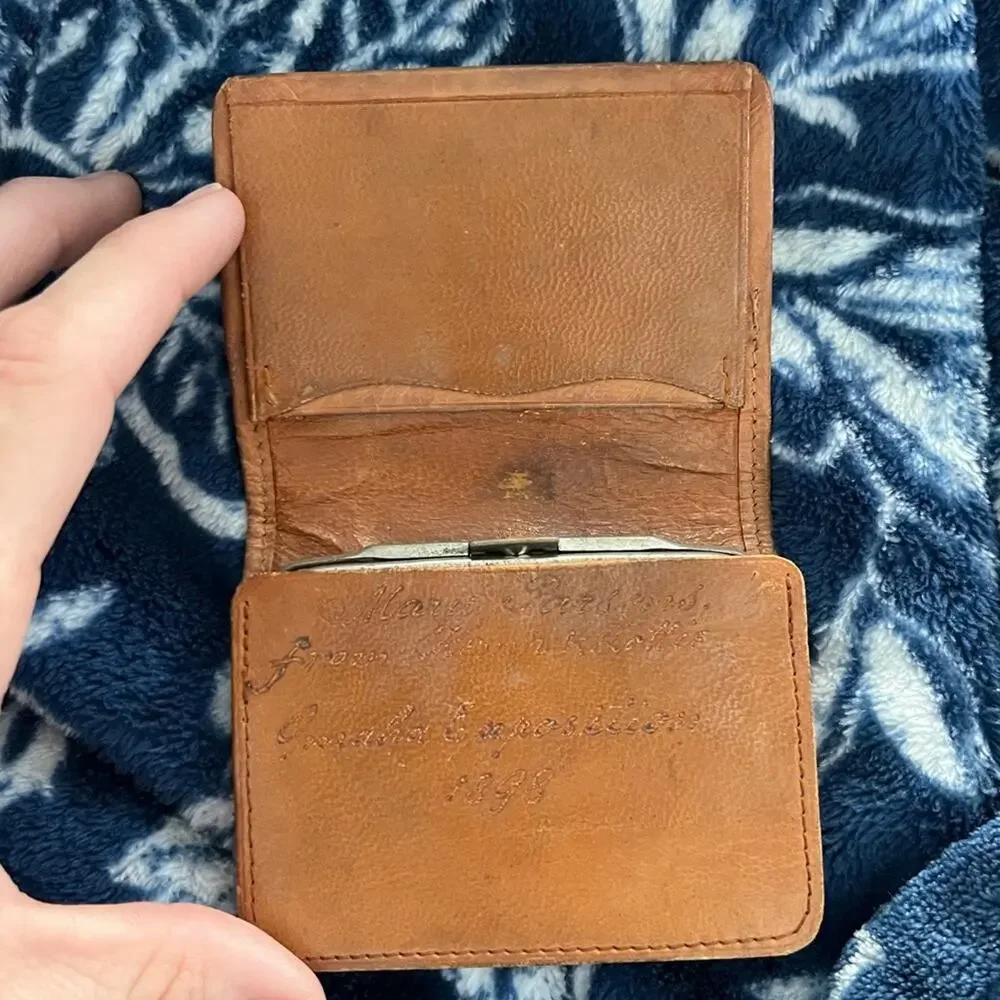 1898 Antique hand-tooled Leather billfold wallet featuring a floral pattern
